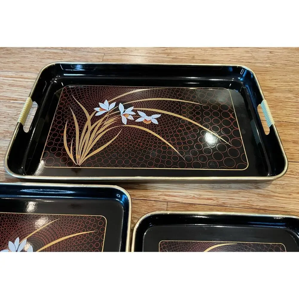 VTG Set Of 3 Japanese Nesting Trays Black Lacquer Ware Set of 3 Gold Red Floral